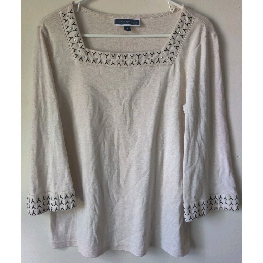 Karen Scott Women's 100% Cotton Square Neck Top Black Neck/Sleeve Detail Sz M